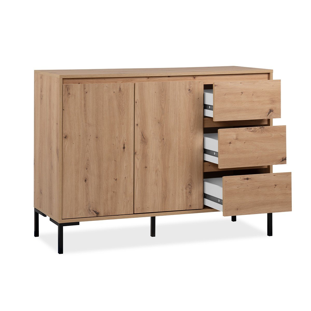 Buffet 2 portes 3 tiroirs L120 cm PLOCK bois clair, CALICOSY