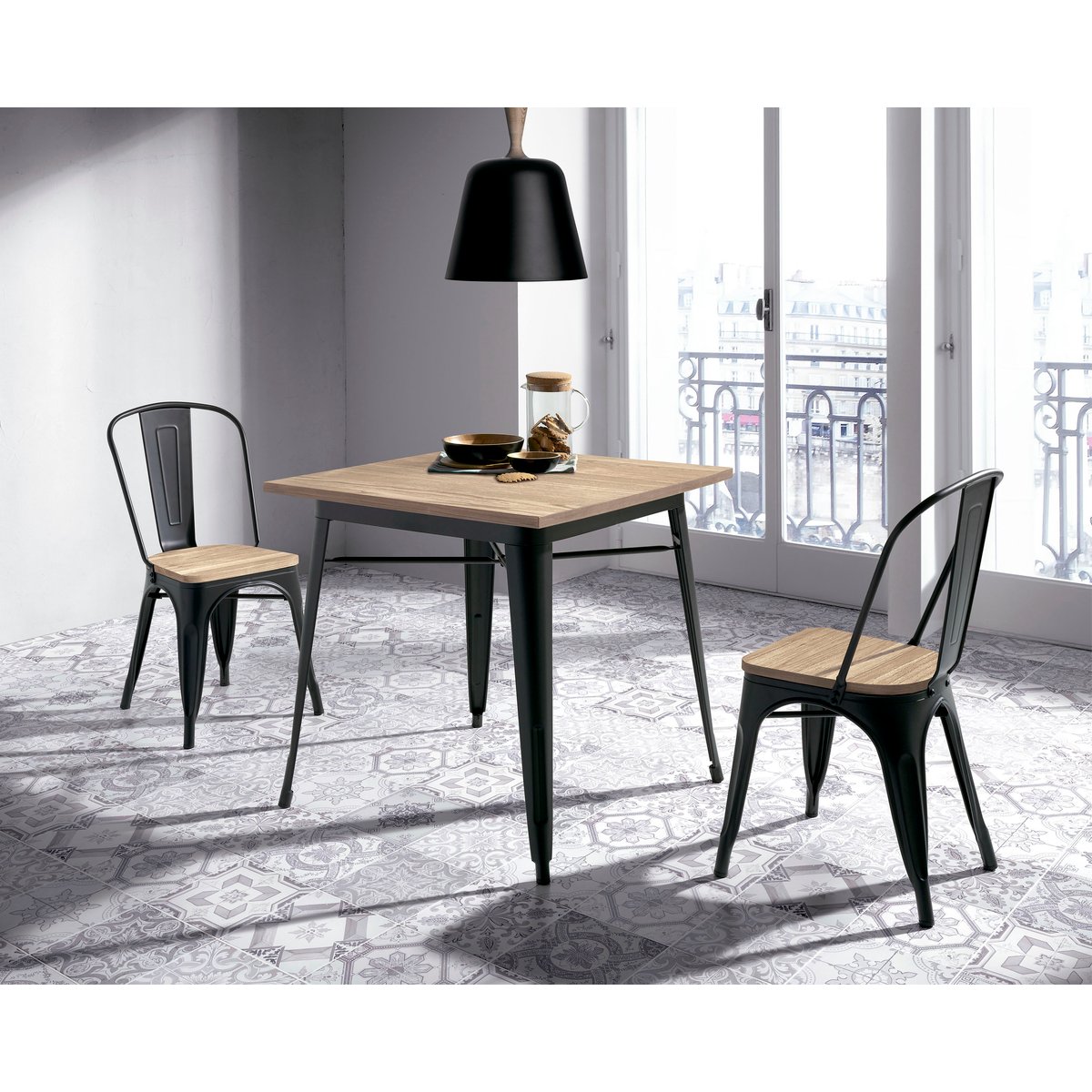 Lot de 2 chaises en métal et BOIS, MEET graphite-chêne, HISPANOHOGAR