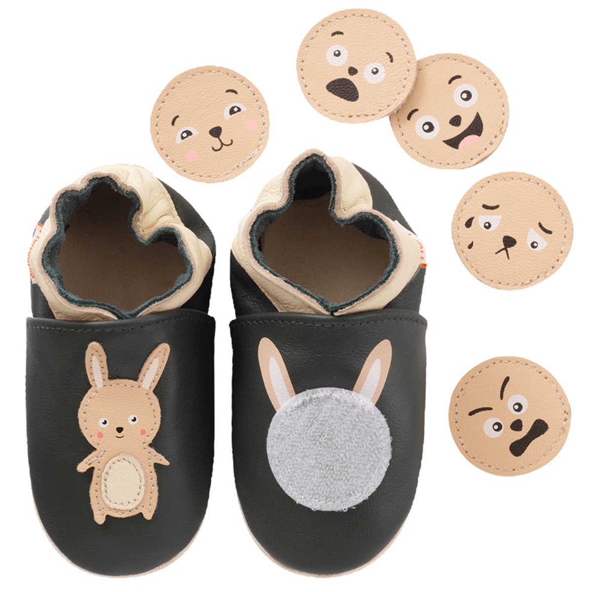 Chaussons bébé cuir souple à emotions vert, TICHOUPS