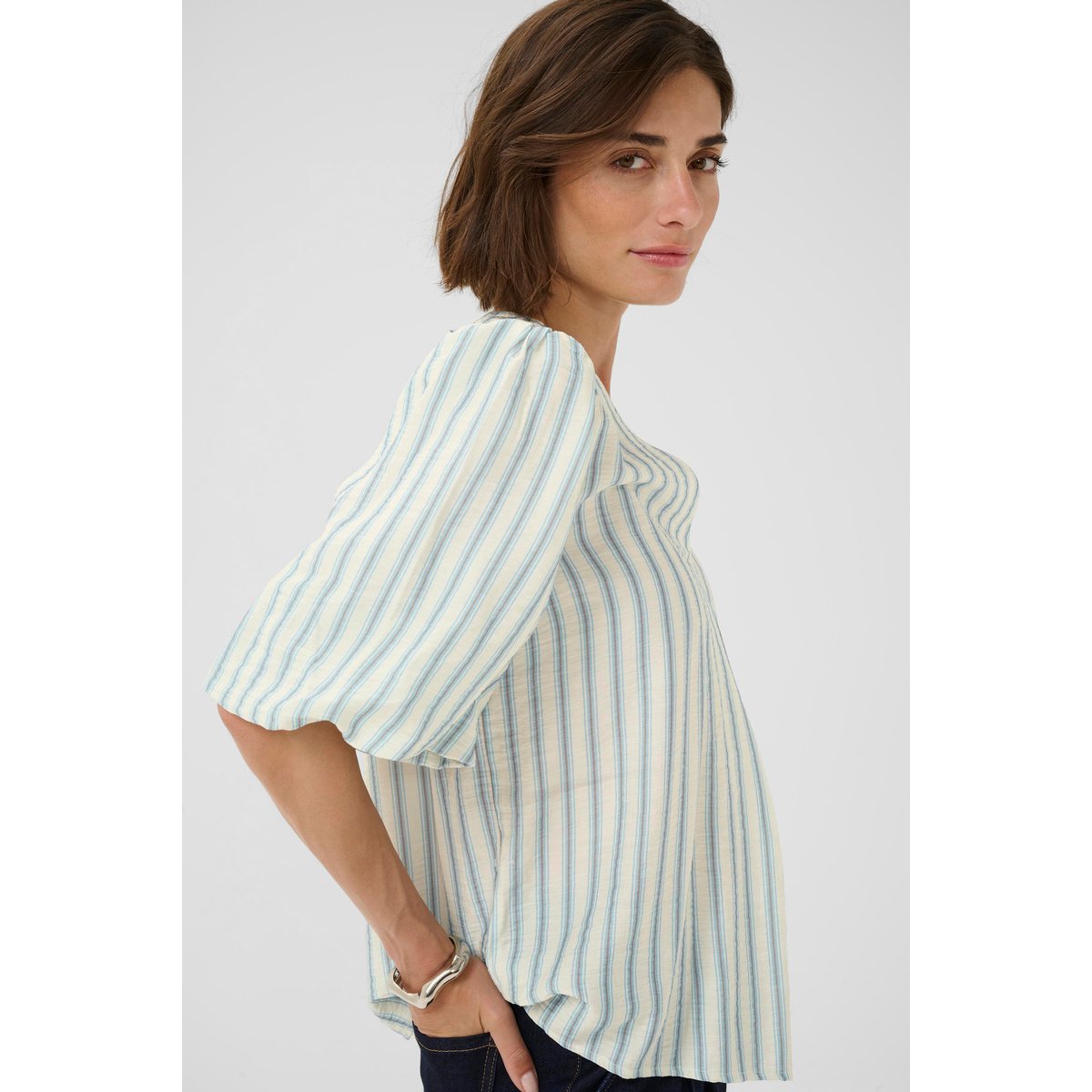 Blouse à manches courtes bleu/blanc rayures, CULTURE