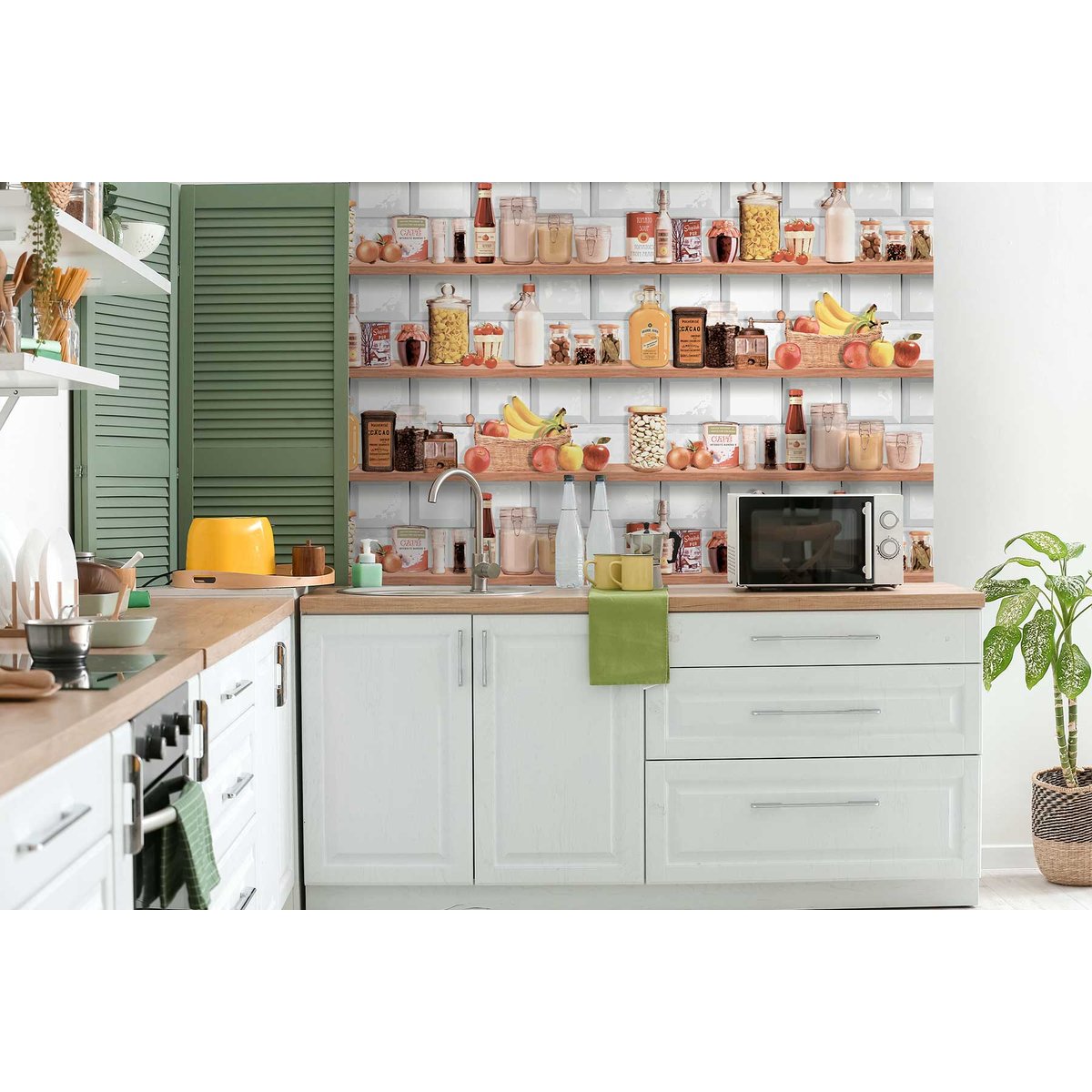 Papier peint étagère cuisine colorée style bistrot beige, HEXOA