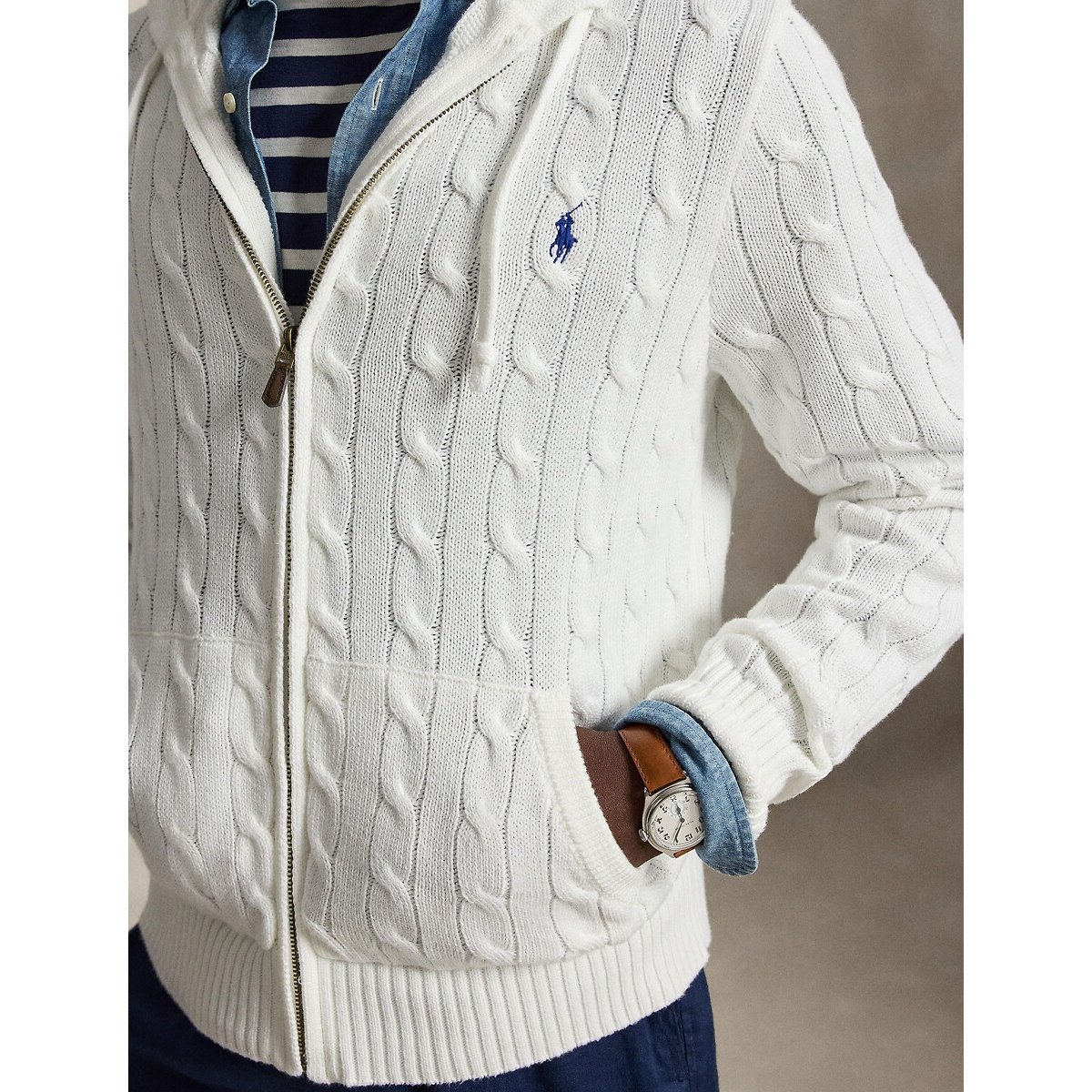 Pull con cappuccio e zip in maglia a treccia bianco, POLO RALPH LAUREN