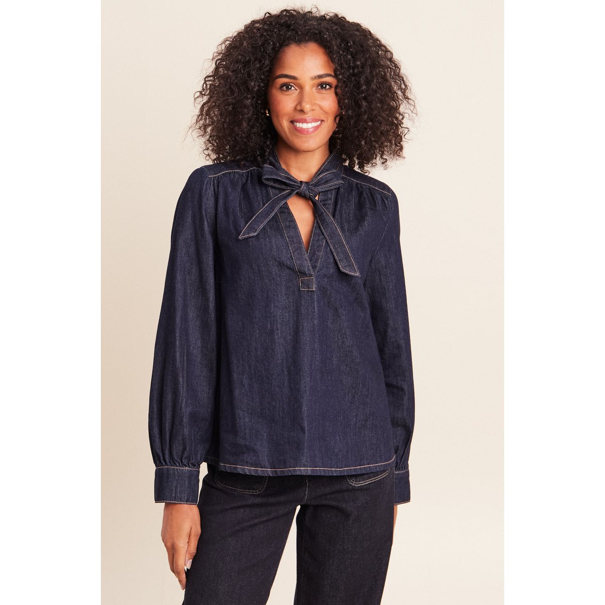 Blouse col v manches longues denim brut, BREAL
