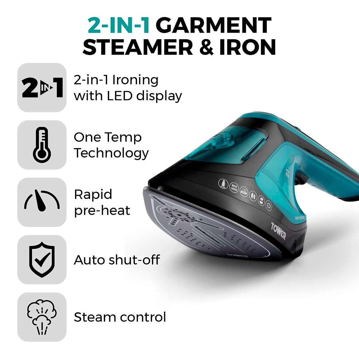 2-in-1 Garment Steamer and Iron - T22031TL blue, TOWER