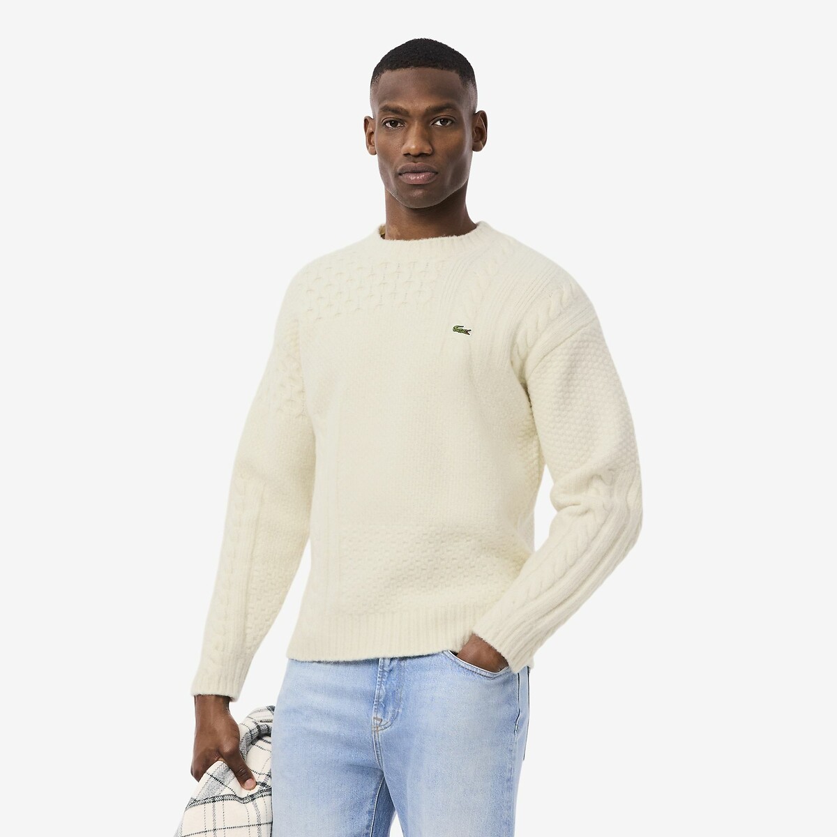 Relax fit trui met ronde hals van pluizige wolmix creme   , LACOSTE
