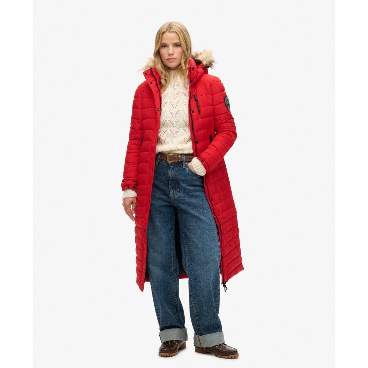 Doudoune longue à capuche Fuji rouge universitaire, SUPERDRY