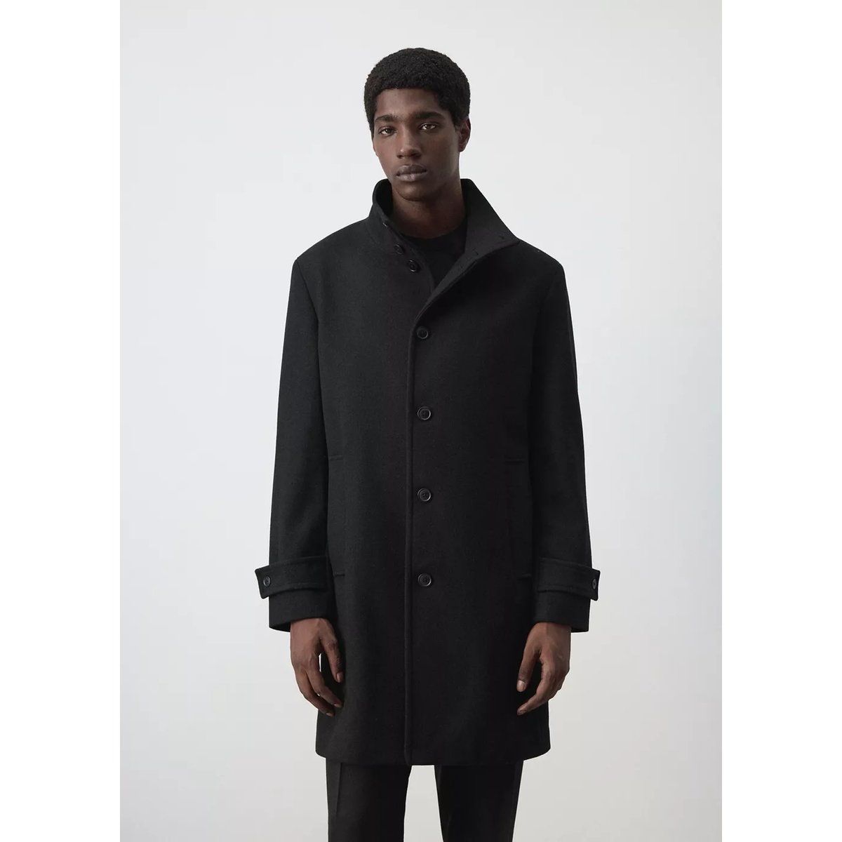 Manteau en laine à col cheminée noir, MANGO MAN