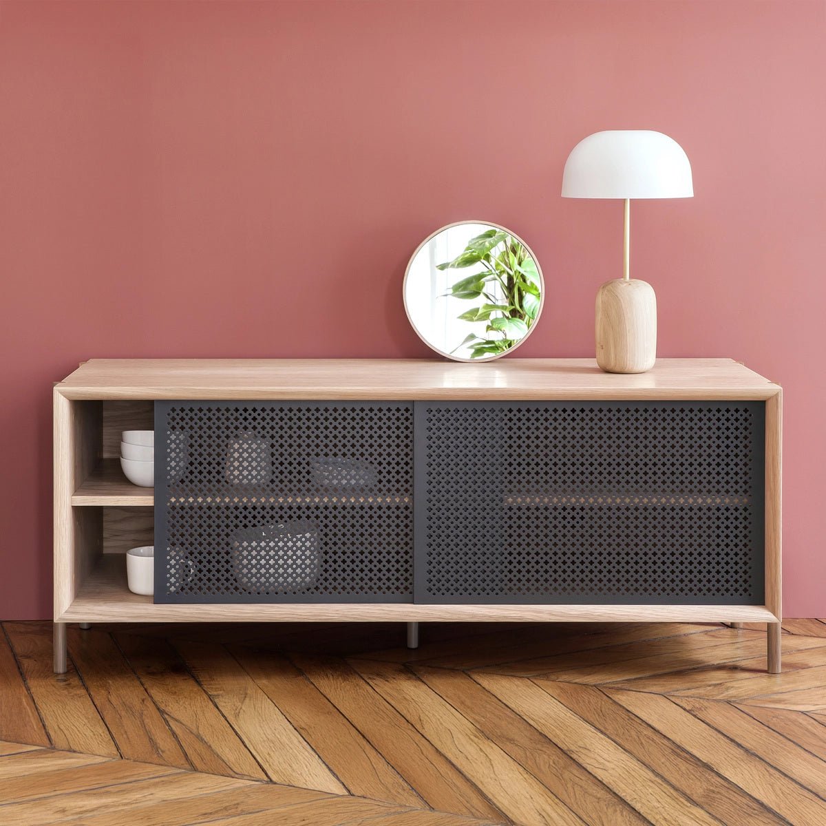 Buffet en chêne avec portes en métal, GABIN gris ardoise, HARTO