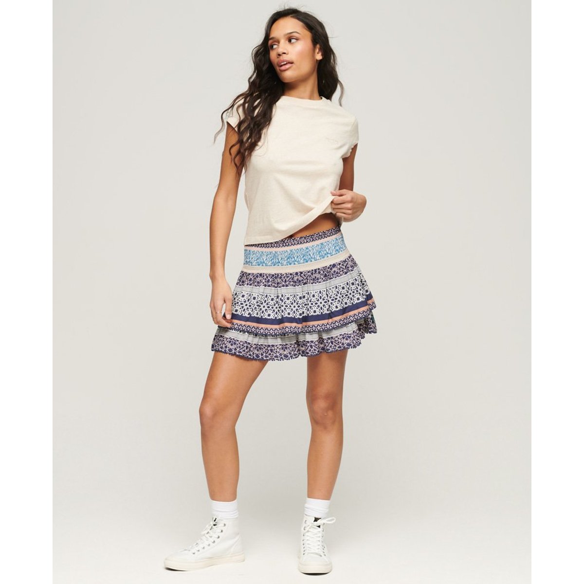 Mini-jupe à volants Vintage imprimé linéaire à motif géométrique, SUPERDRY