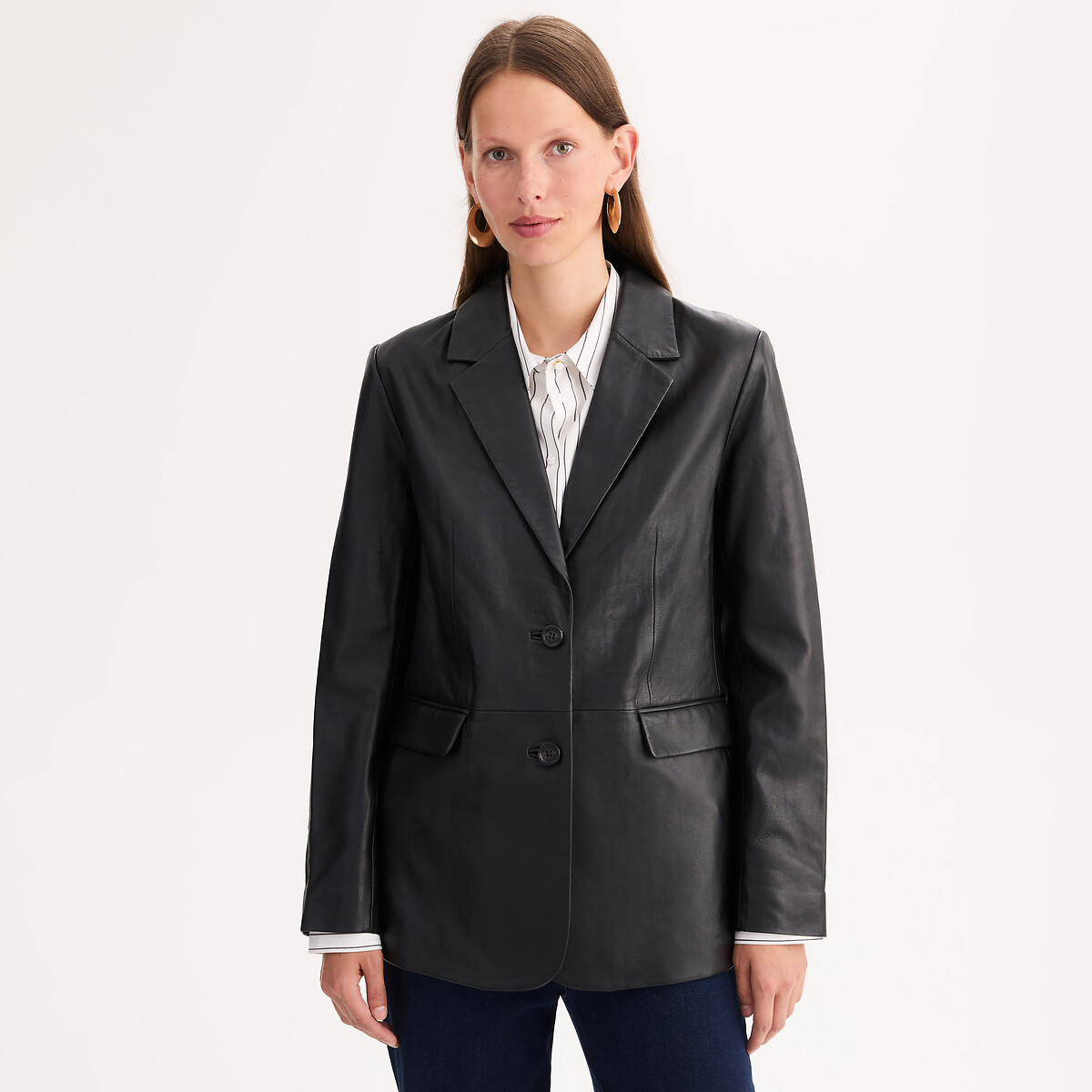 Blazer coupe droite, en cuir d'agneau noir, ANNE WEYBURN