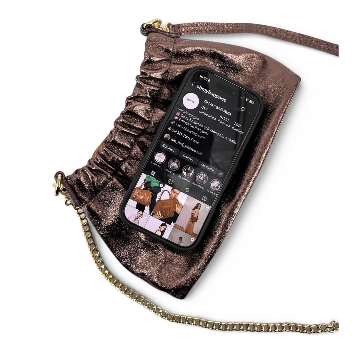 Mini-sac à main pouch en cuir grainé LA POUCHINETTE chocolat irisé, OH MY BAG