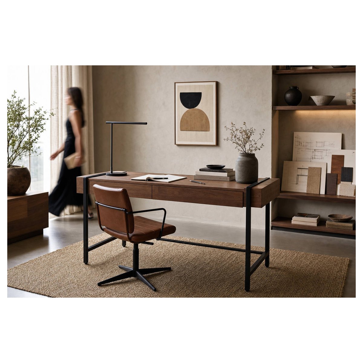 Bureau en bois d'orme et métal noir mat et noyer, RECOLLECTION