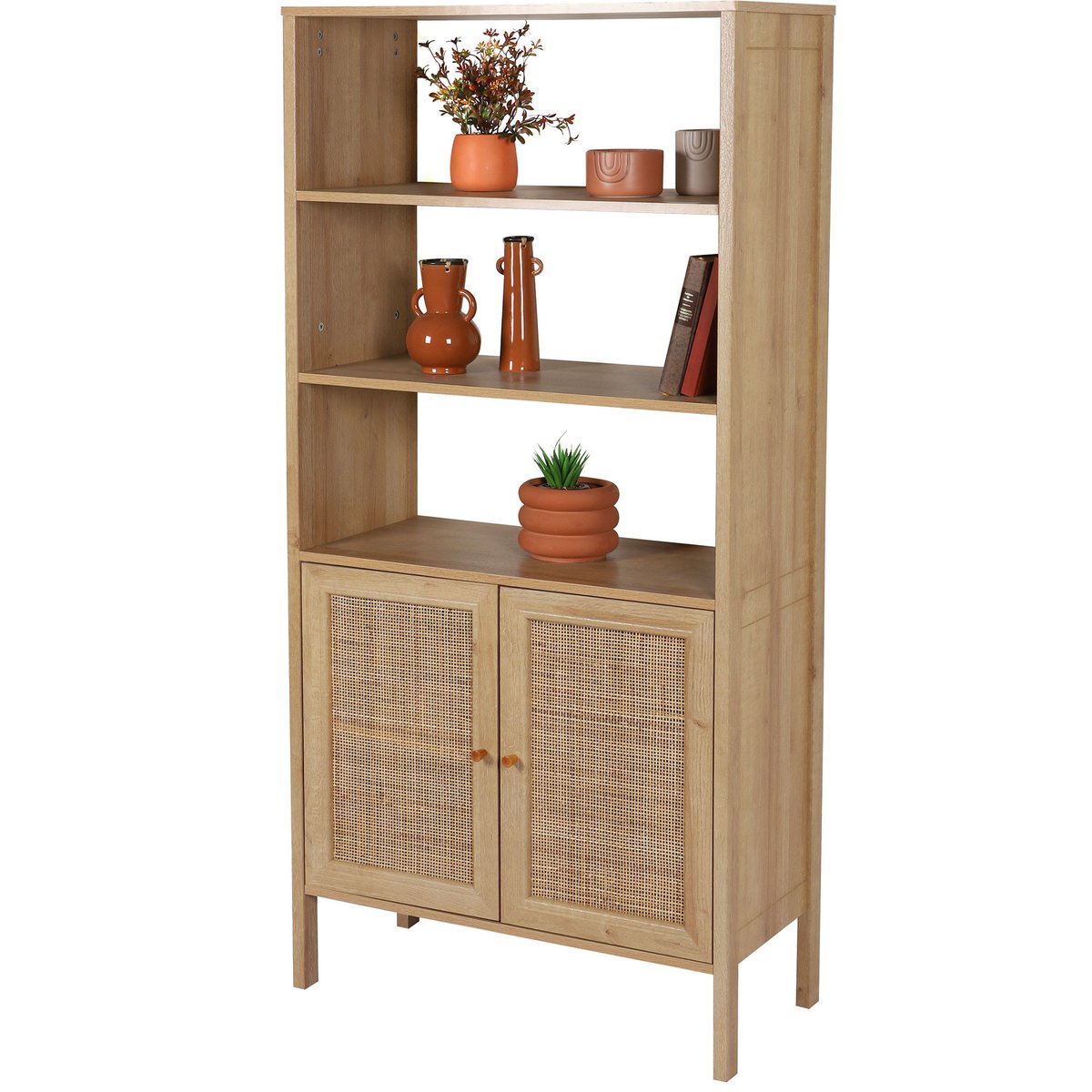 Étagère bibliothèque effet bois portes cannage rotin 80x37x163cm bois, URBAN LIVING