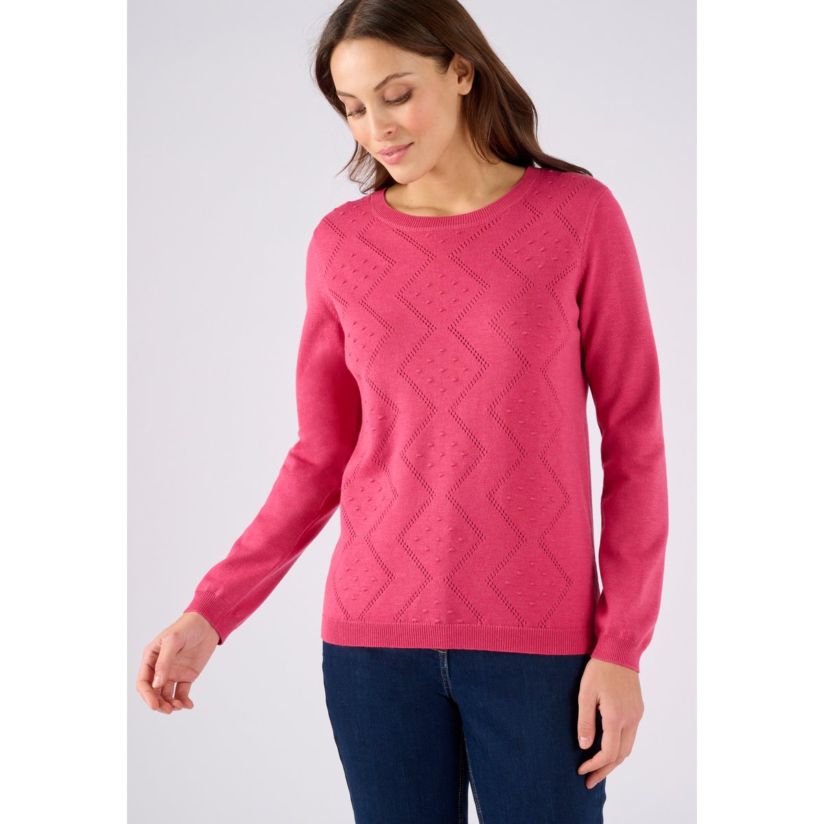 Pull points en relief et jeu d'ajourés rose framboise, DAMART