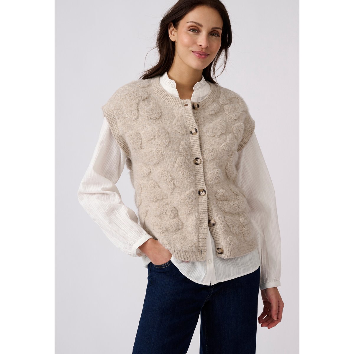 Gilet sans manches jacquard maille bouclette marron beige chiné, DAMART