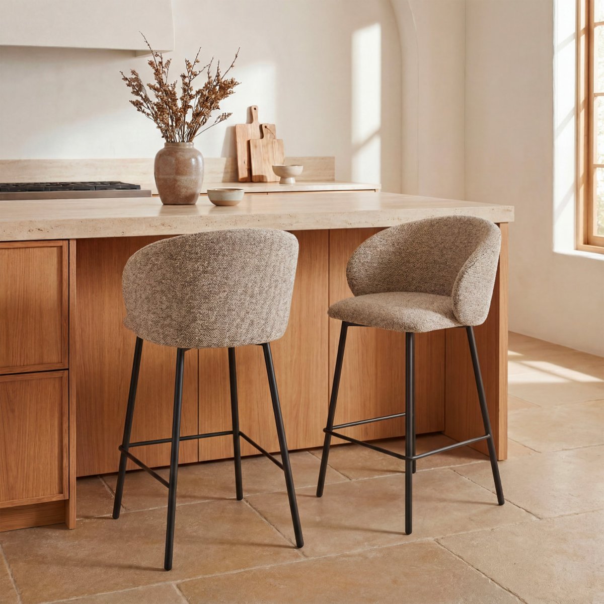 Lot de 2 tabourets de bar en tissu et métal H66cm- VALOM marron chiné, DRAWER