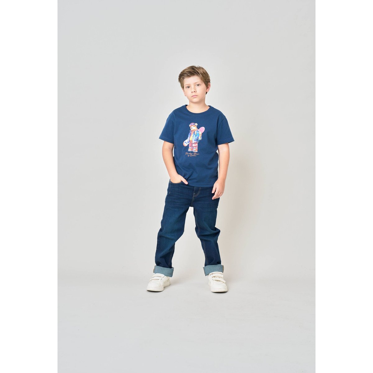 T-shirt confort garçon en 100% coton imprimé ourson snowboard SNOWBEAR navy, DEELUXE