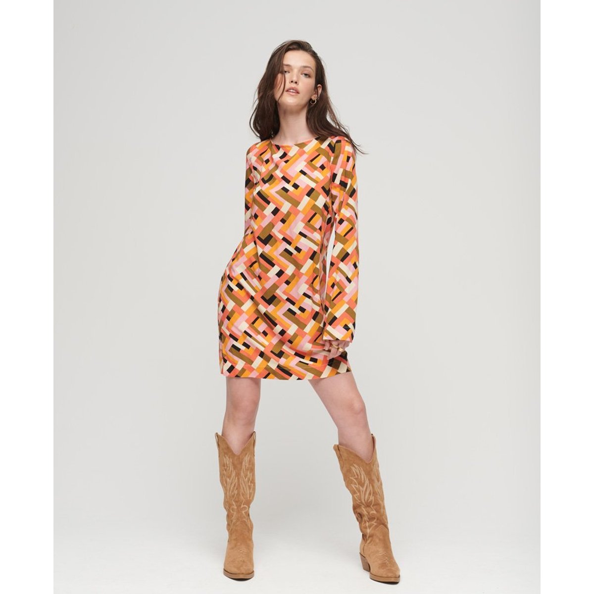 Robe courte imprimée dos ouvert quilt geo orange, SUPERDRY