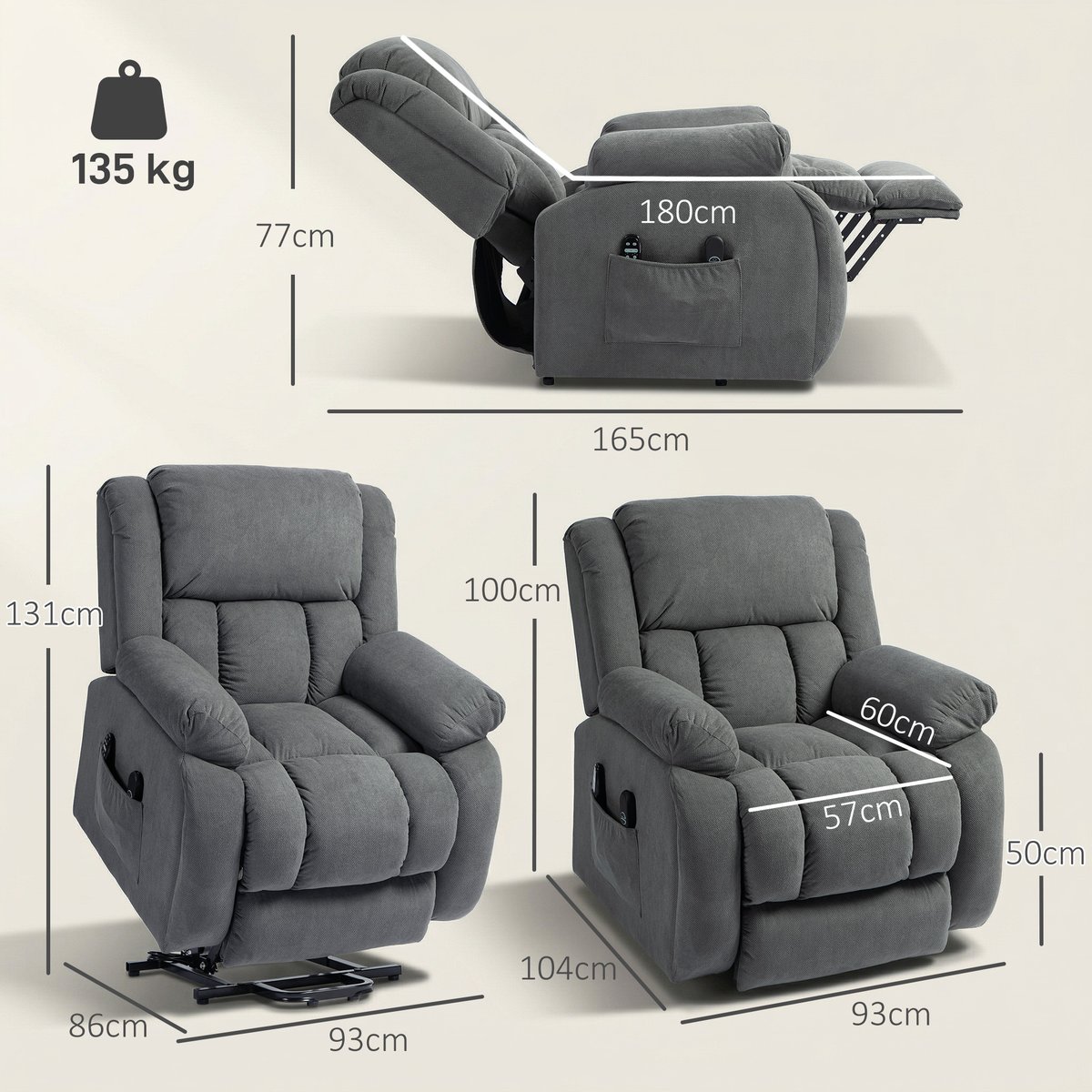 Fauteuil releveur multifonctionnel Velours gris, HOMCOM
