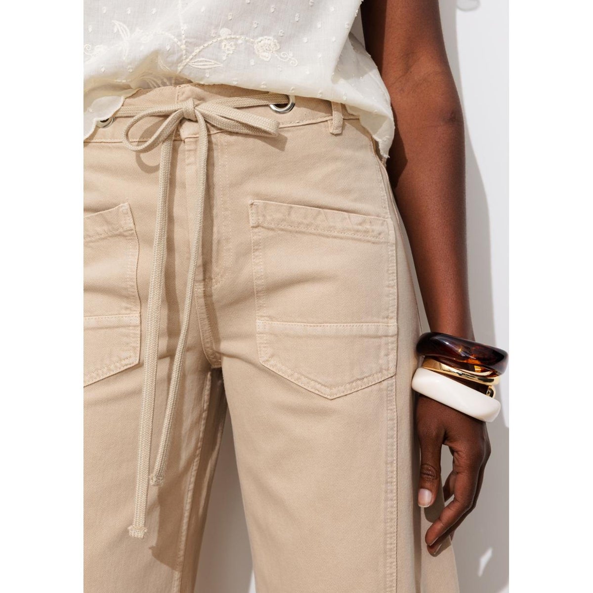 Pantalon large à oeillets beige, PROMOD