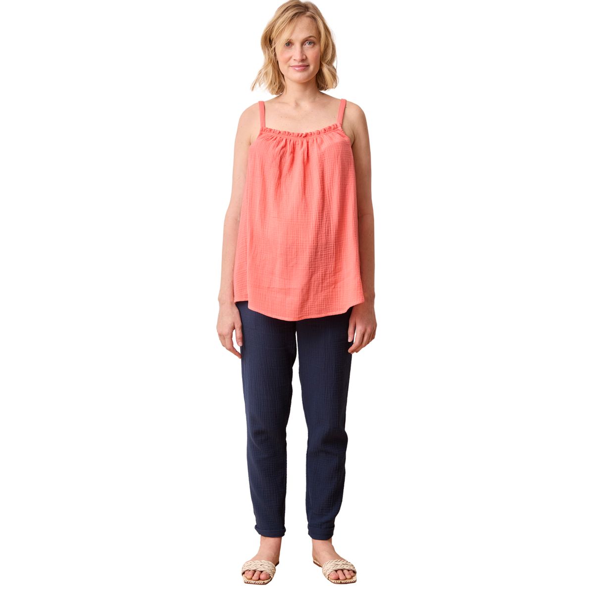 Top fines bretelles grossesse gaze de coton corail, VERTBAUDET