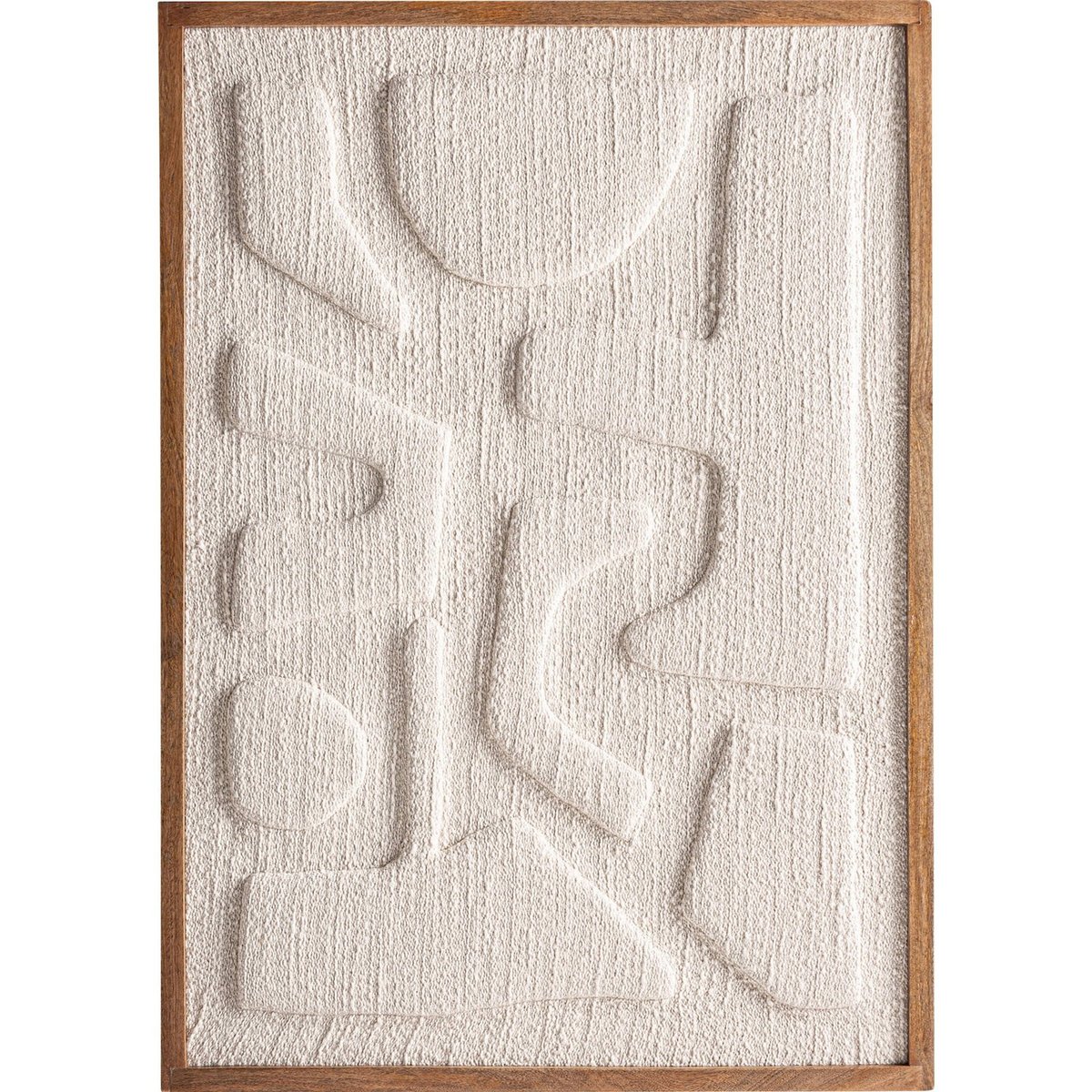Tableau abstrait contemporain en coton blanc cassé naturel et bois clair, RECOLLECTION