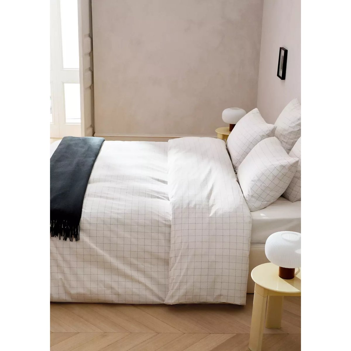 Housse de couette percale de coton à carreaux surpiqués lit 180/200 cm blanc cassé, MANGO HOME
