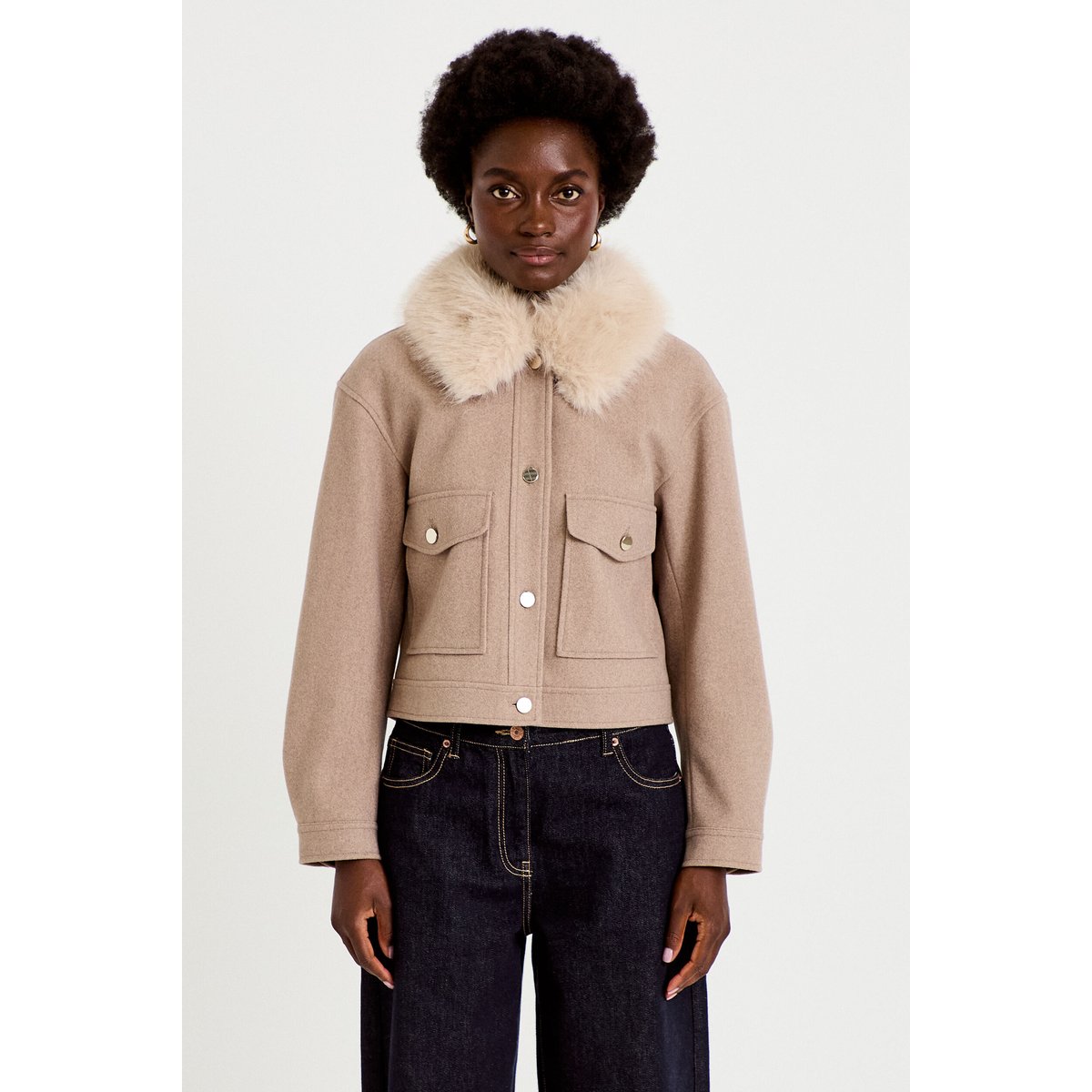 Veste droite cropped col tailleur taupe, CACHE CACHE