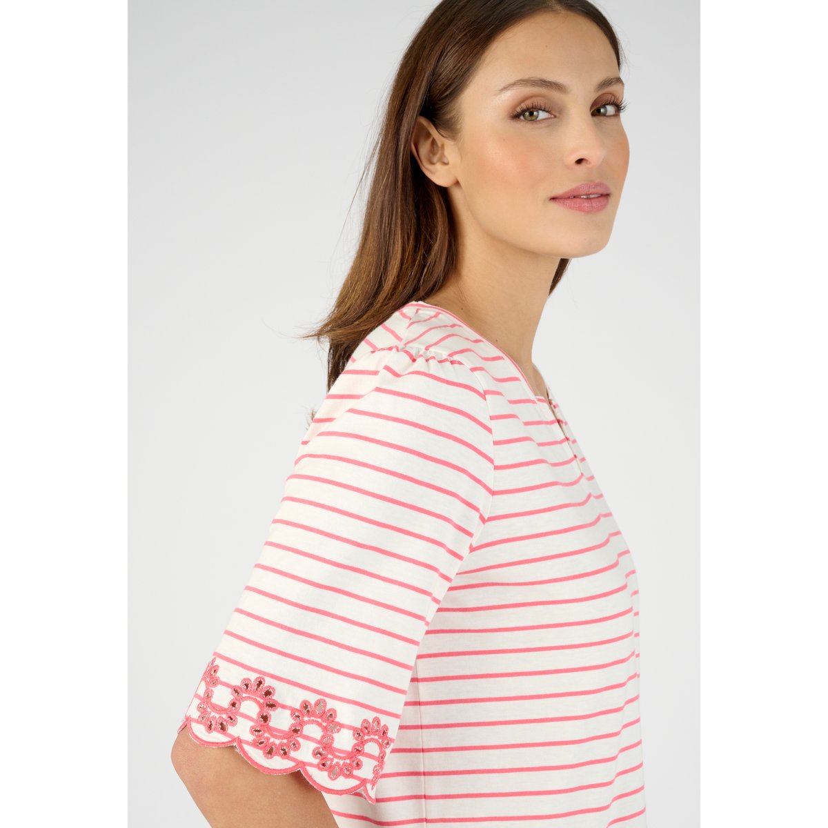 T-shirt imprimé détails brodés rose rouge rayé, DAMART