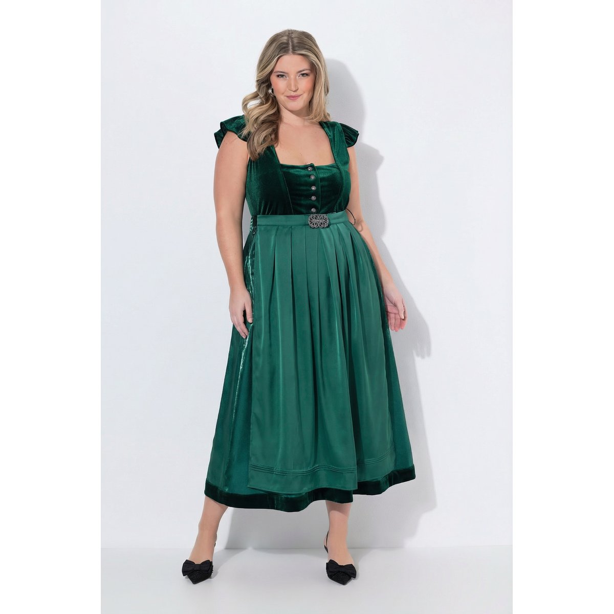 Dirndl en velours, col carré vert sapin, ULLA POPKEN