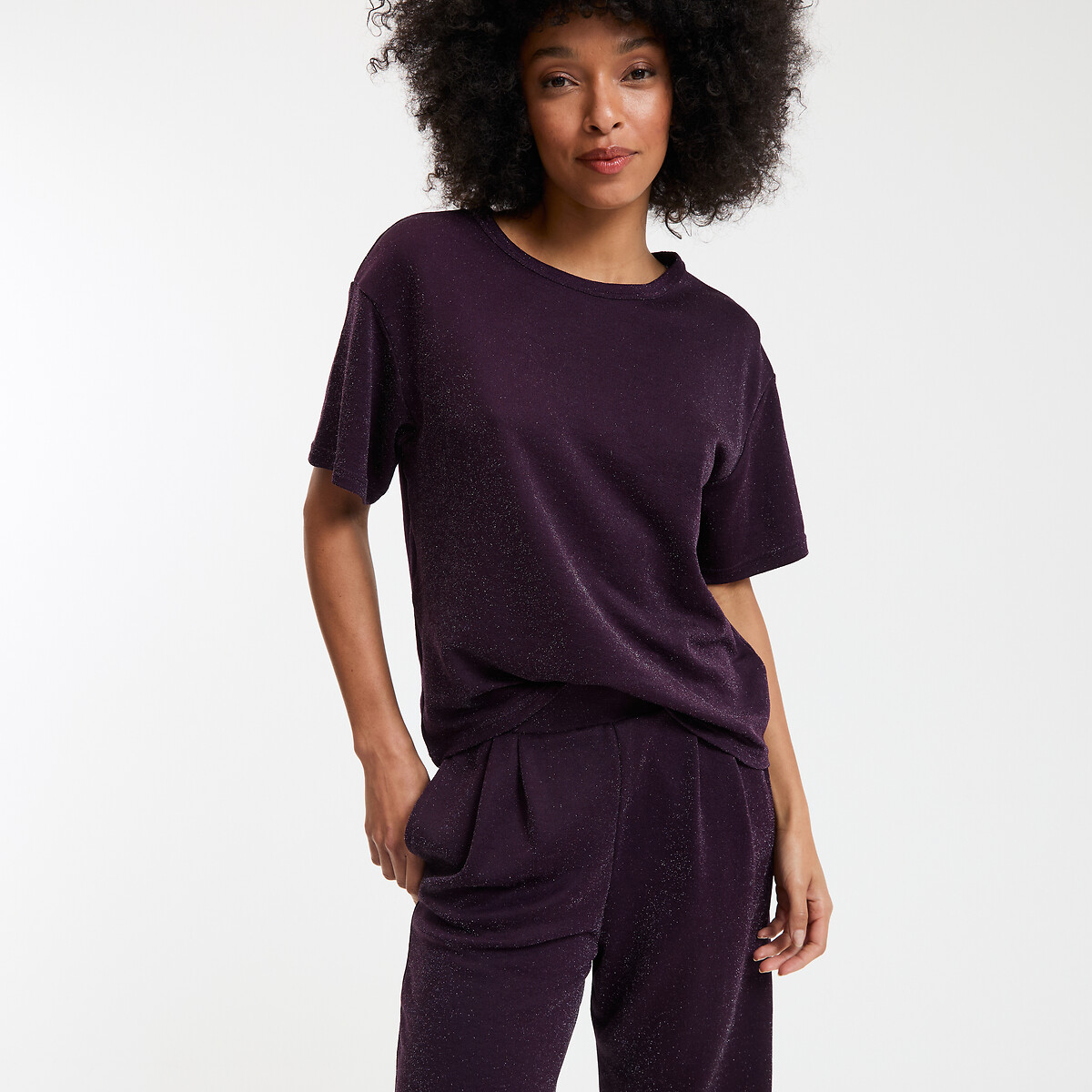 Sequined Crew Neck T-Shirt with Short Sleeves purple/plum, LA REDOUTE COLLECTIONS