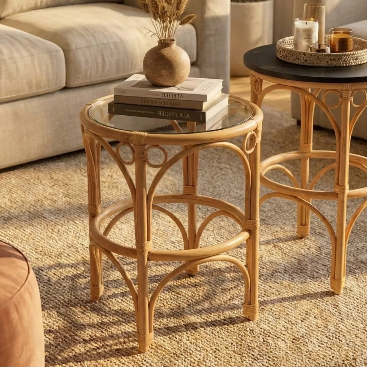 Table basse en rotin GINGKO plateau verre bois clair, KOK