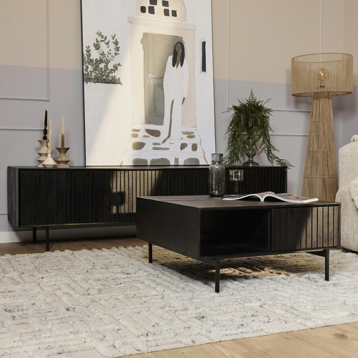 Table basse carrée 2 tiroirs 1 niche CORTINA noir, PIER IMPORT