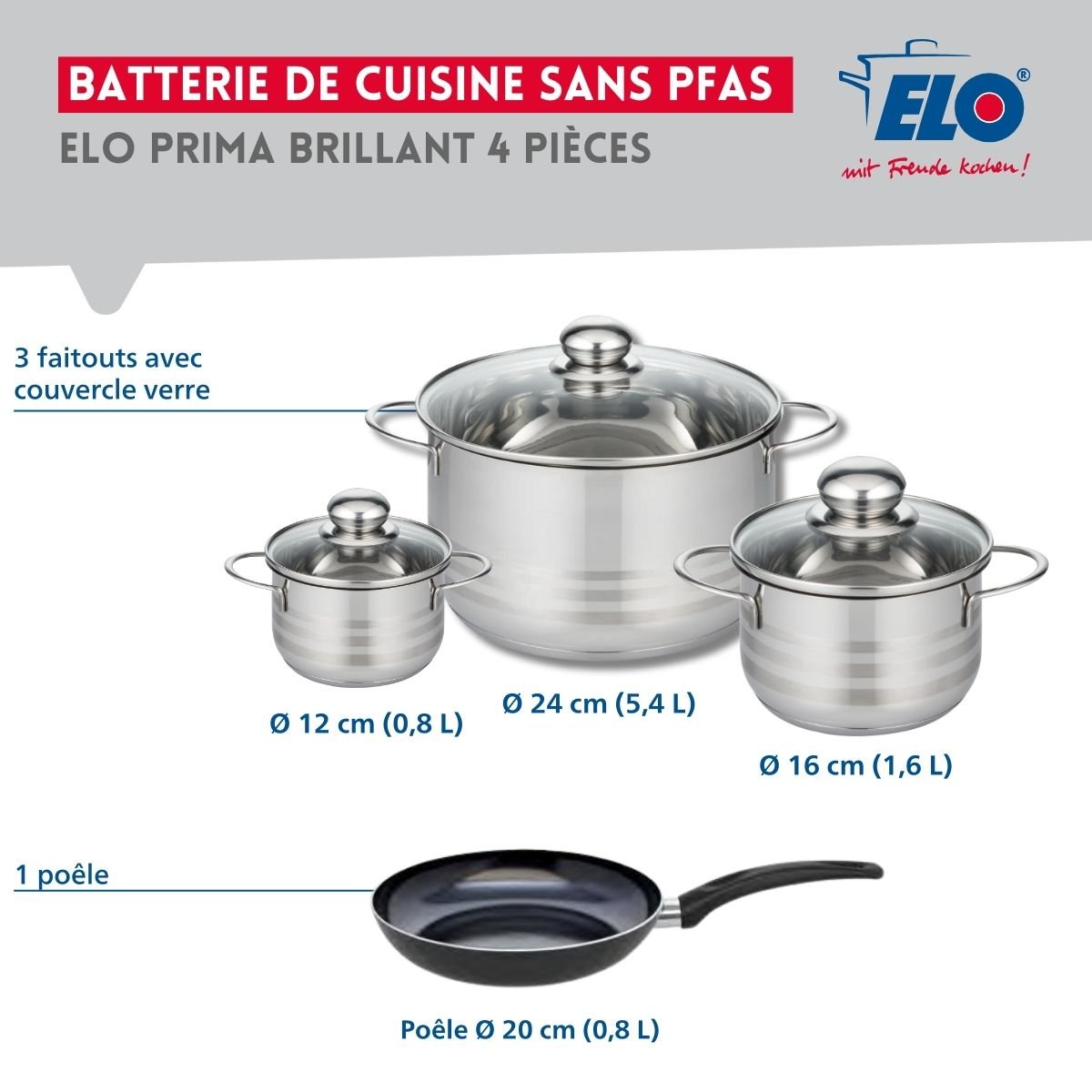 Batterie 1 poêle 20cm + 3 faitouts 12/16/24cm PRIMA BRILLANT noir, ELO