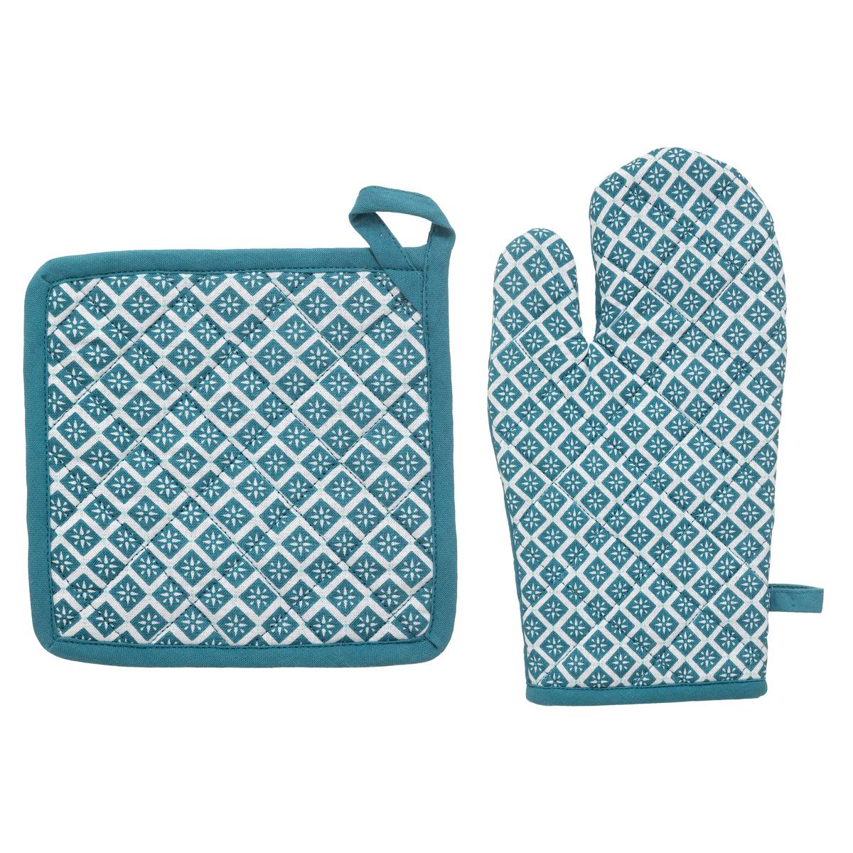 Gant et manique imprimés TIKAL bleu canard, ATMOSPHERA