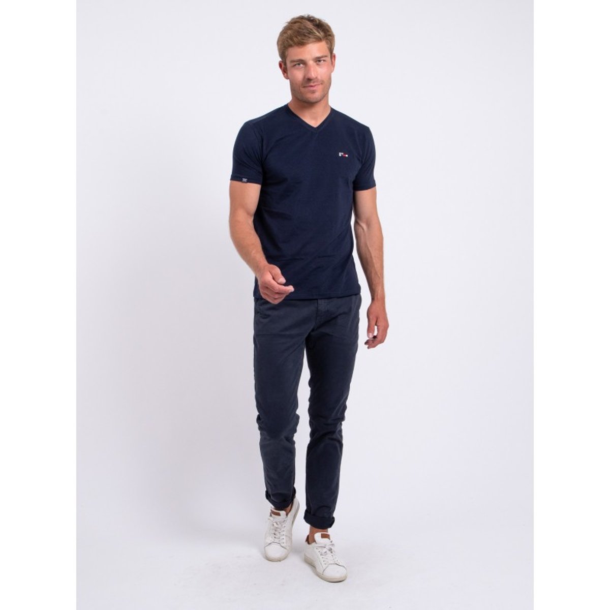T-shirt Col V Pur Coton Nerij bleu marine, RITCHIE