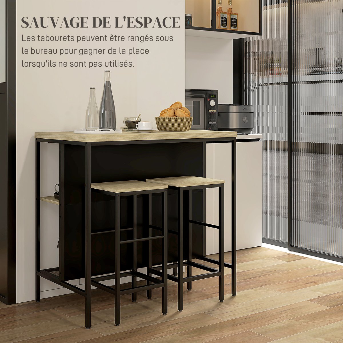 Ensemble de table de bar MDF Bois naturel bois naturel, noir, HOMCOM