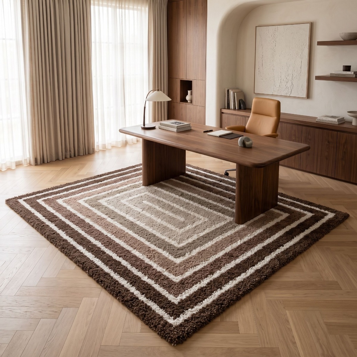 Tapis shaggy doux à motif géométrique MOKA MULTICADRES marron beige écru, THE DECO FACTORY