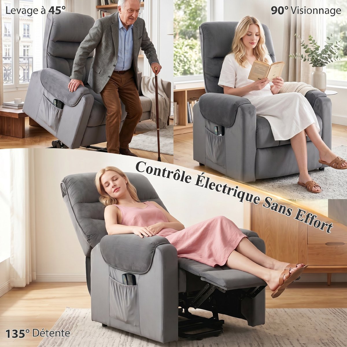 Fauteuil releveur multifonctionnel Velours gris foncé, HOMCOM