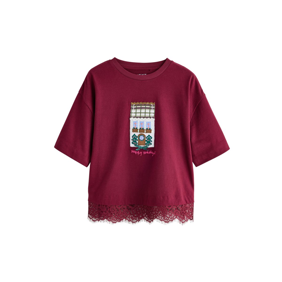 T-shirt à motif et ourlet en dentelle maison rouge de bourgogne, NEXT