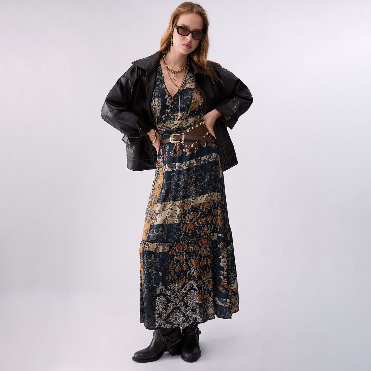 Robe longue avec volants imprimé à fleurs, LIU JO
