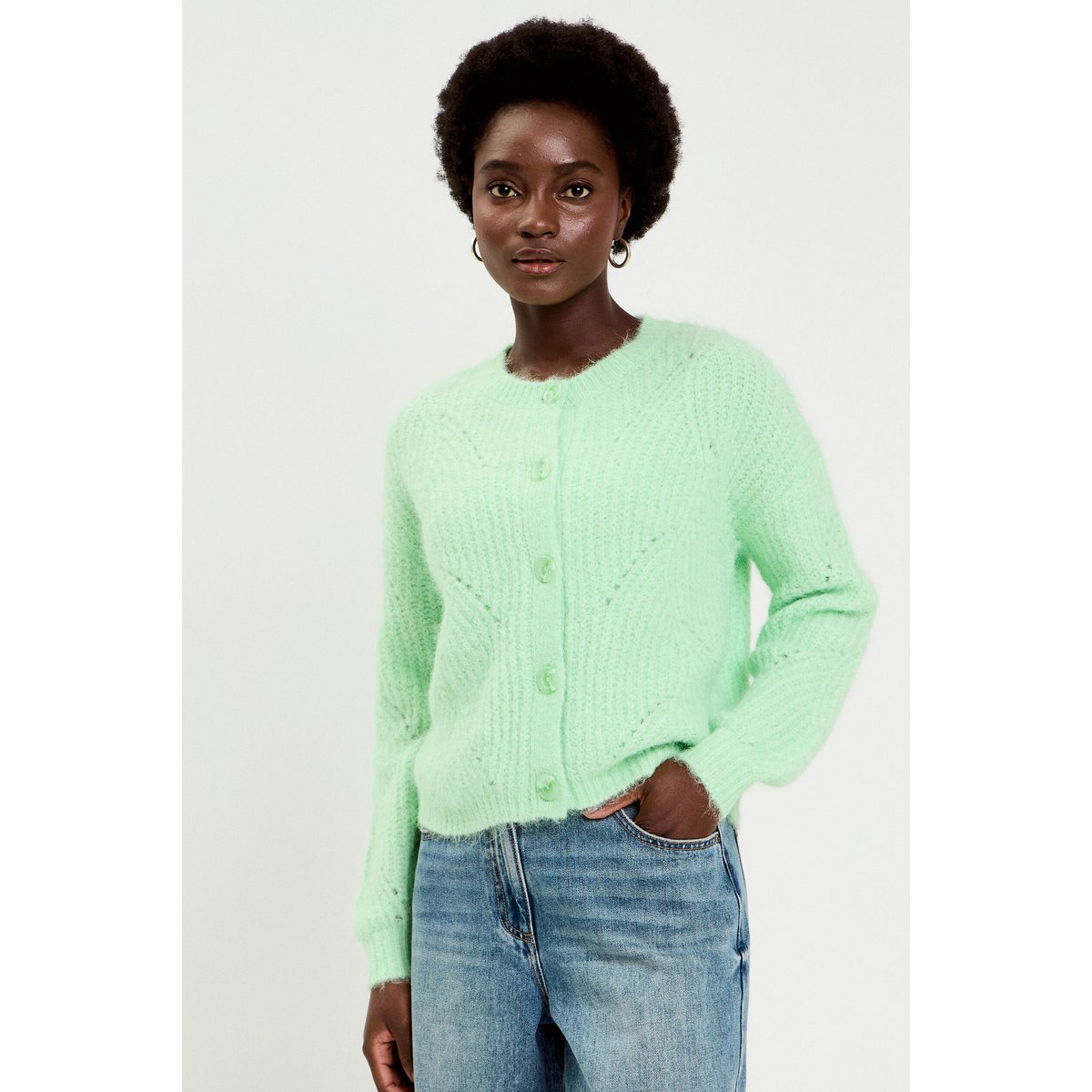 Gilet ajouré manches longues vert pastel, CACHE CACHE