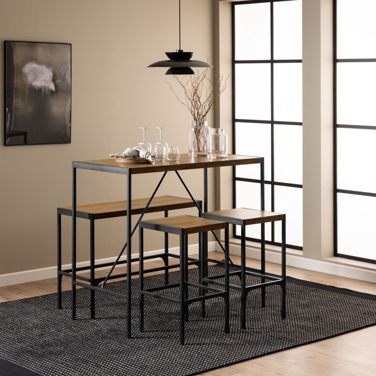 Ensemble table de bar pour 4 personnes en bois et métal H105cm- SKAL bois clair, DRAWER