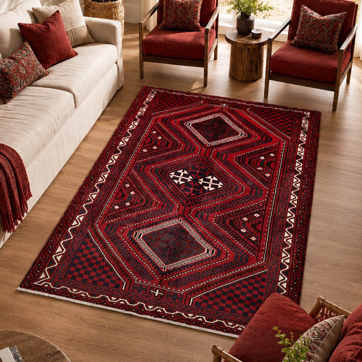 Tapis d'orient au motif oriental, noué main en laine, LORI 2 rouge, crème, noir, UN AMOUR DE TAPIS