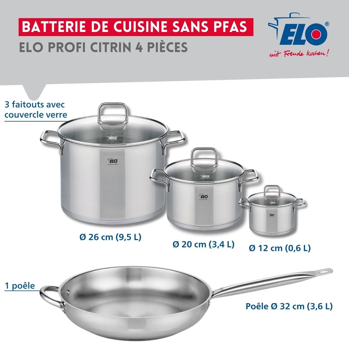 Batterie 1 poêle 32cm + 3 faitouts 12/20/26cm PROFI CITRIN gris, ELO