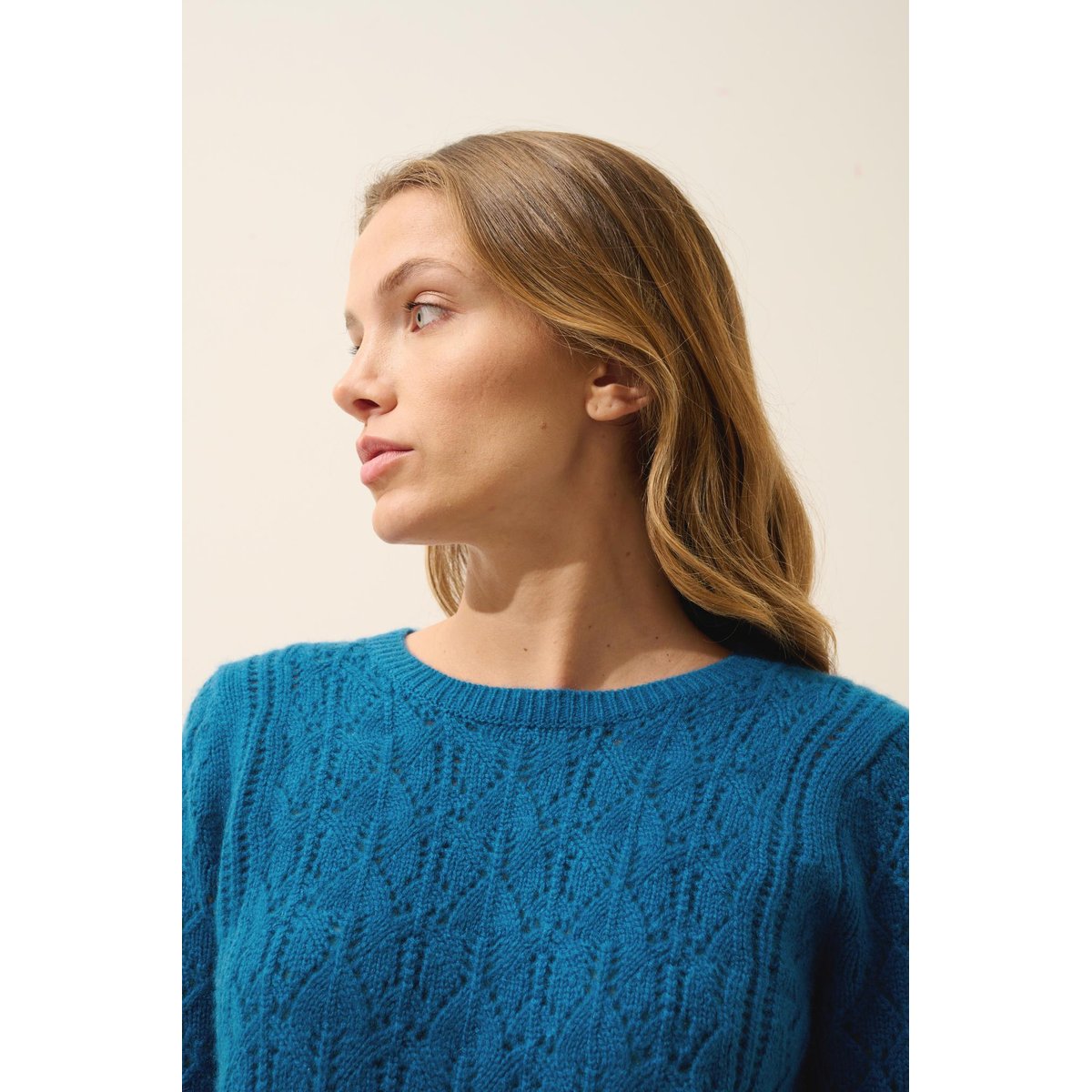 Pull Col Rond 8 Fils Paon Nadia bleu vert, JUST CASHMERE
