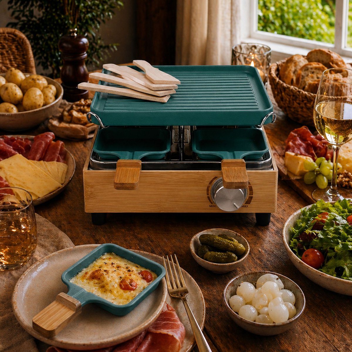 Appareil à raclette 4 personnes bleu-naturel-noir, MENASTYL