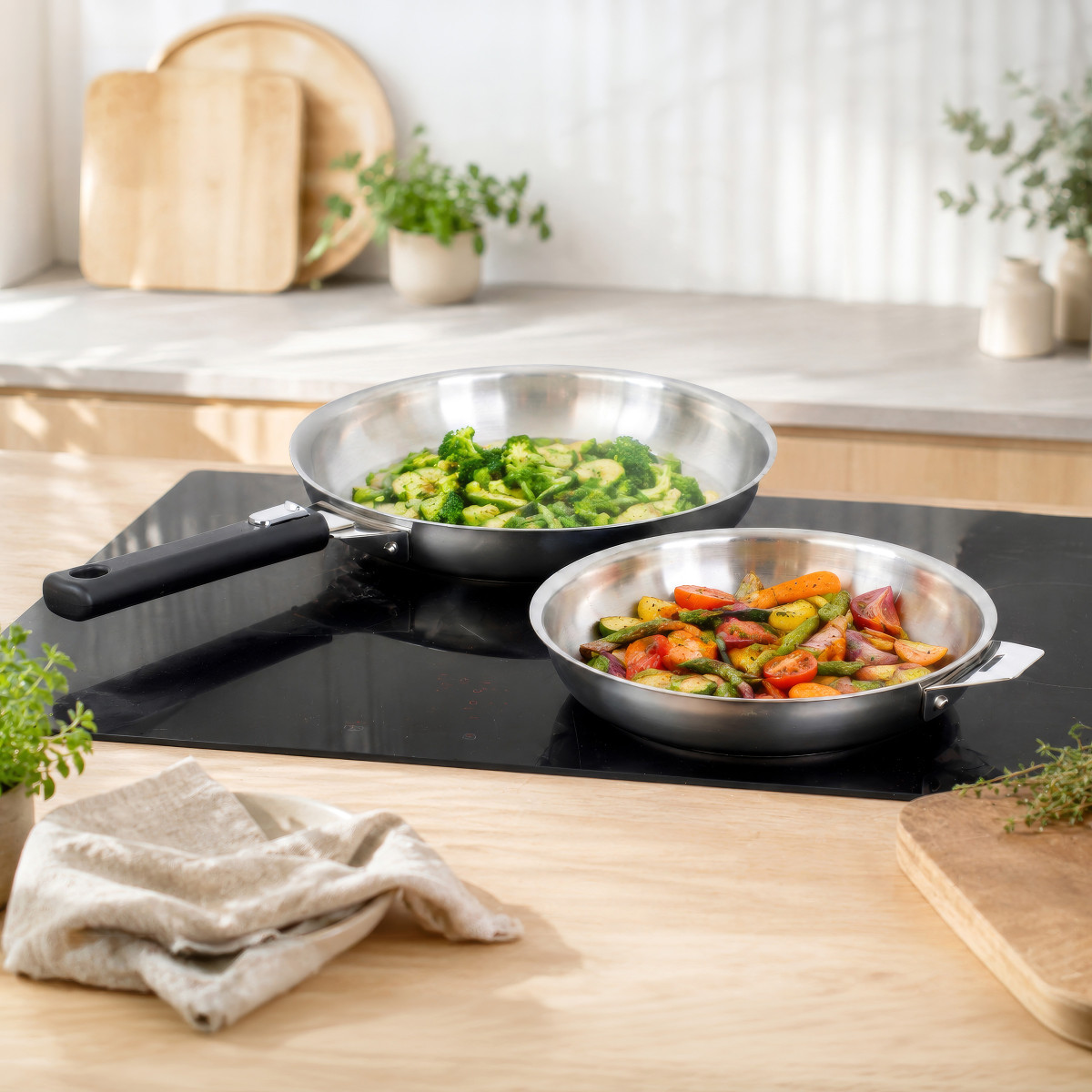 Série de 2 poêles 20/24 cm inox et poignée noire - inox, CUISINOX