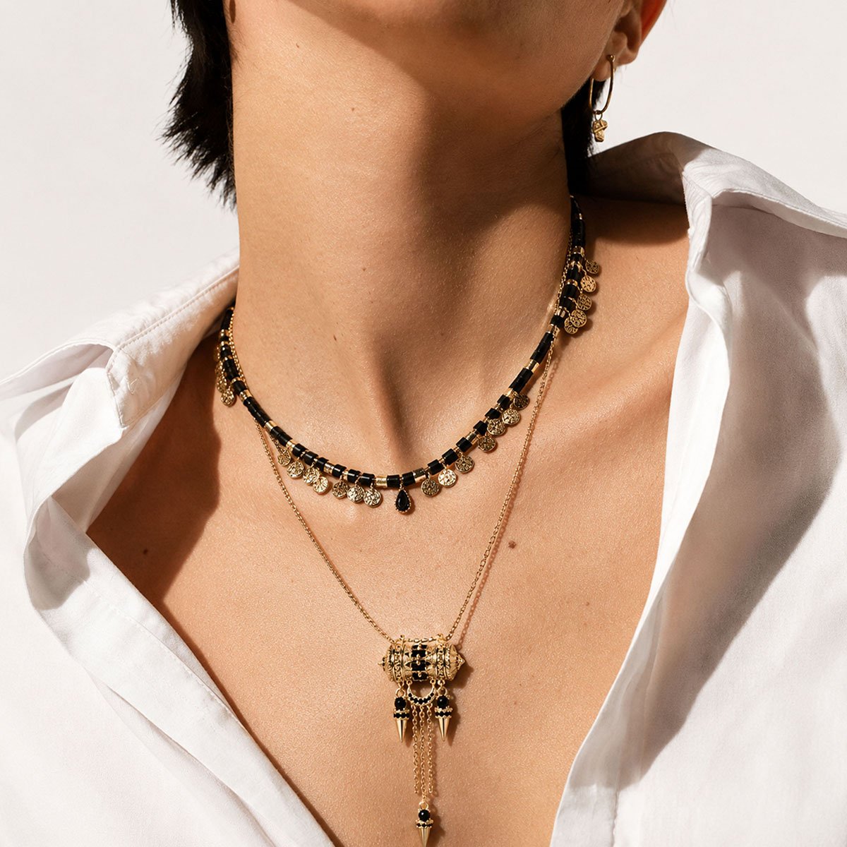 Collier double perles et chaîne avec pendentif ELSY noir, HIPANEMA