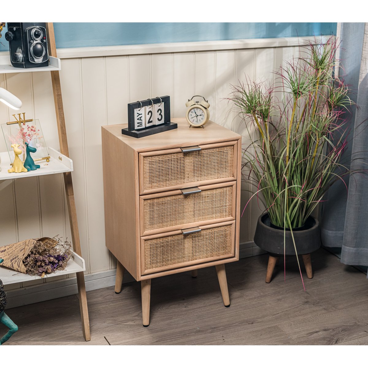 Chiffonnier 3 tiroirs, bois et rotin, NAGOYA bois naturel, NORDLYS